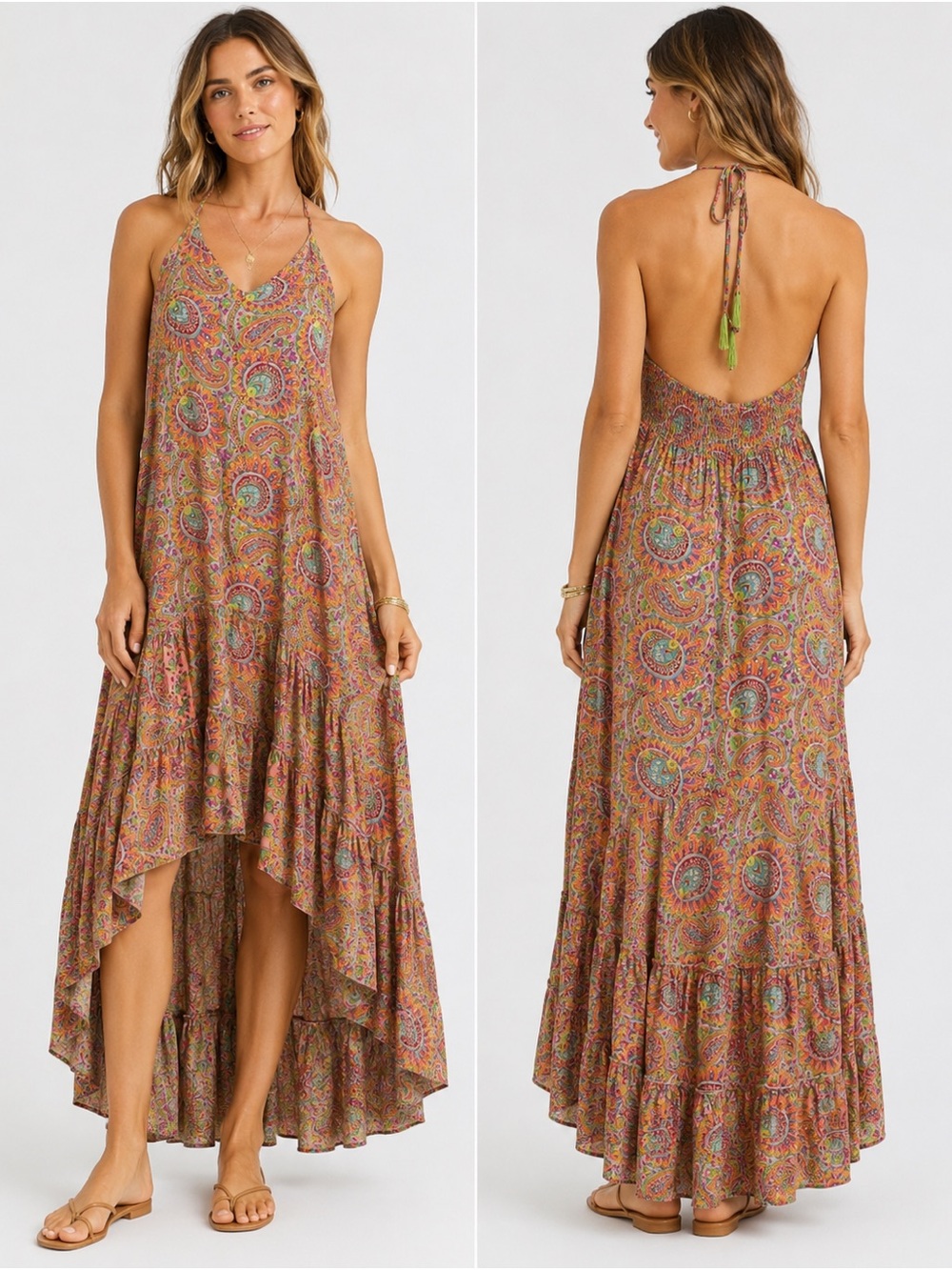 Boho Paisley Halter Maxi Dress Silk Blend Open Back Tiered High Low Hem Festival
